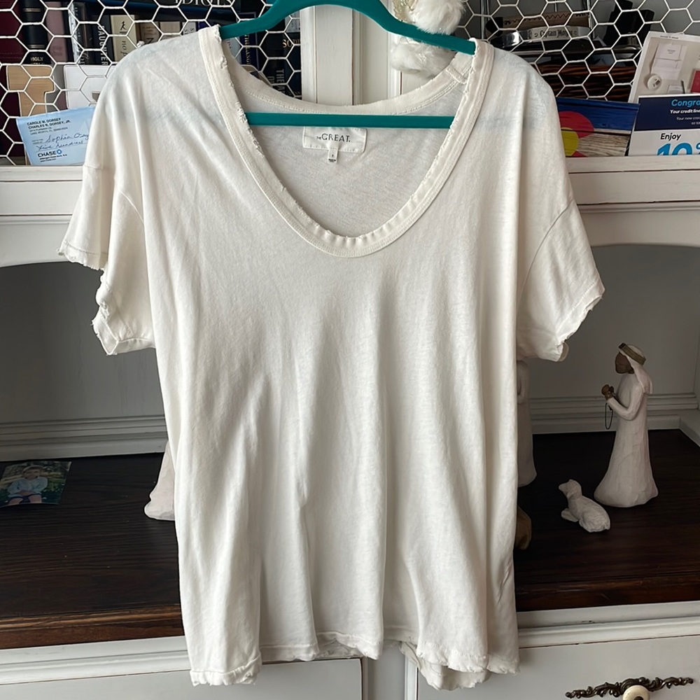 The GREAT distressed t-shirt! So comfy! Loose and slouchy